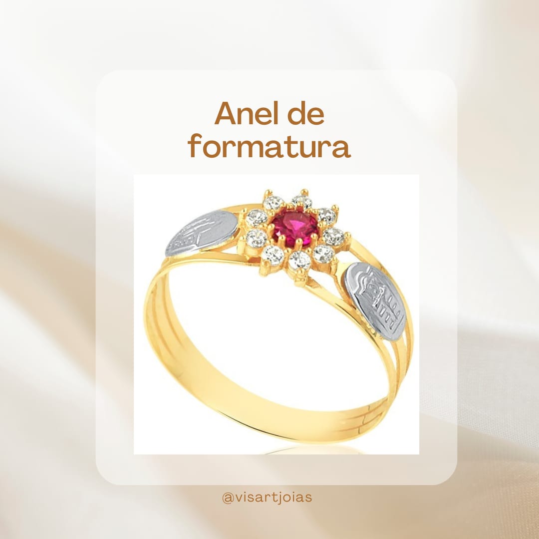 Anel de formatura rubi — 3 aros halo flor (Anf0154) - Ouro 10k