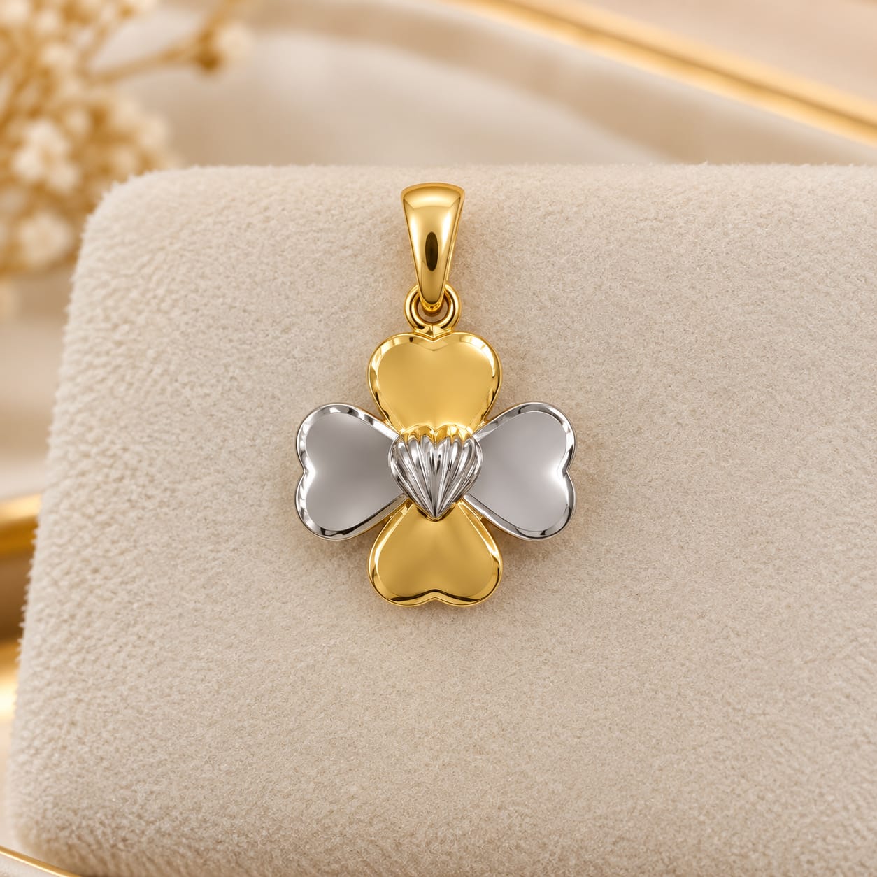 Pingente trevo 2 cores branco e amarelo 18k