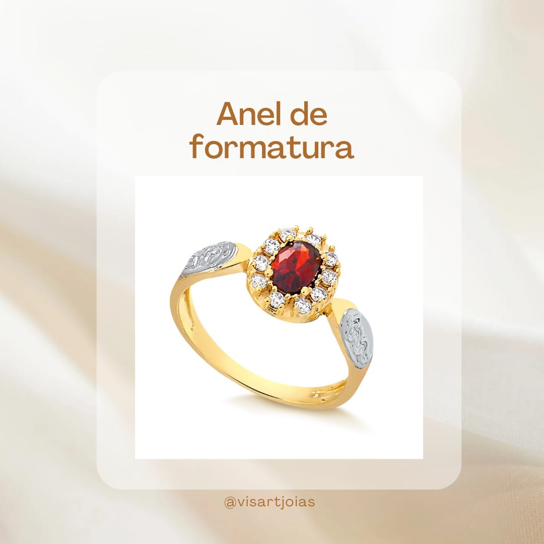 Anel de formatura rubi oval halo (Anf0021) - Ouro 10k
