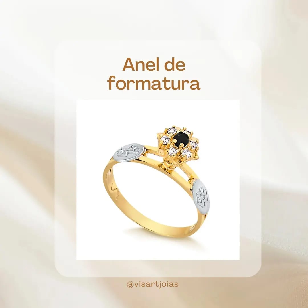 Anel de formatura ônix — 2 aros halo flor (Anf0007)- Ouro 10k