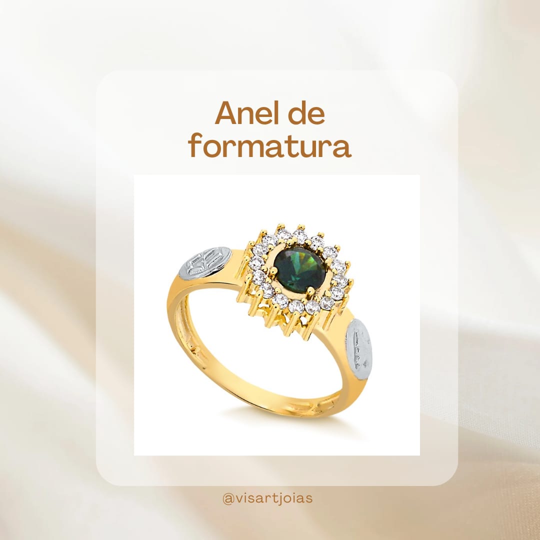 Anel de formatura esmeralda halo (Anf0135) - Ouro 10k