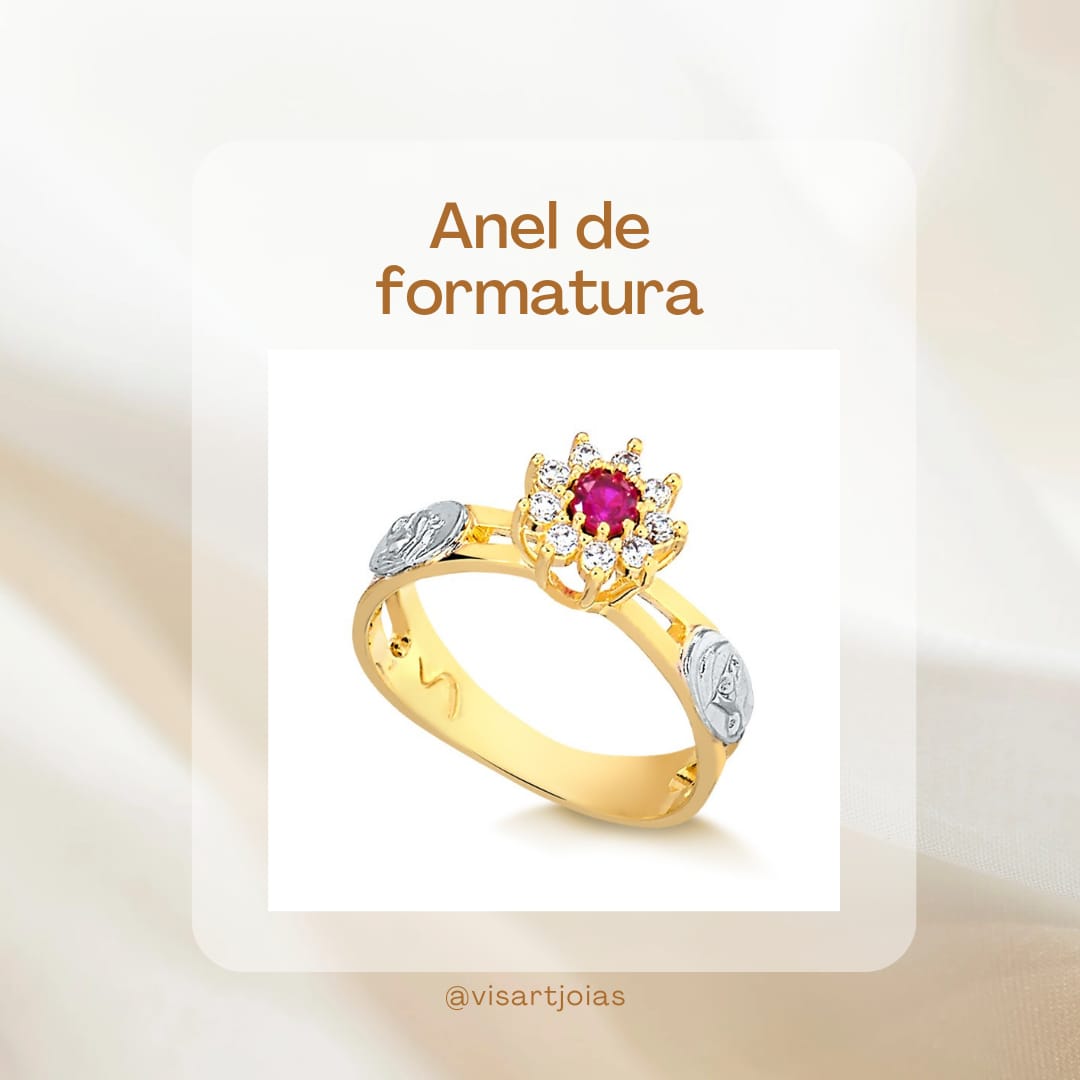 Anel de formatura rubi — 2 aros halo flor (Anf0121) - Ouro 10k