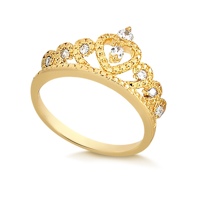 Anel coroa com zircônias — ouro 10k