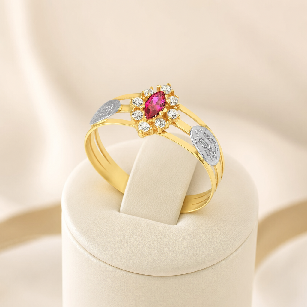 Anel de formatura — navete de rubi sintético rodeado com zircônias - Ouro 18k