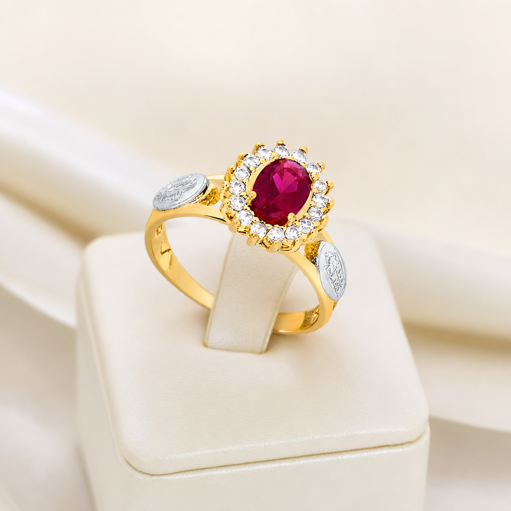 Anel de formatura — rubi oval com folhas laterais - Ouro 10k