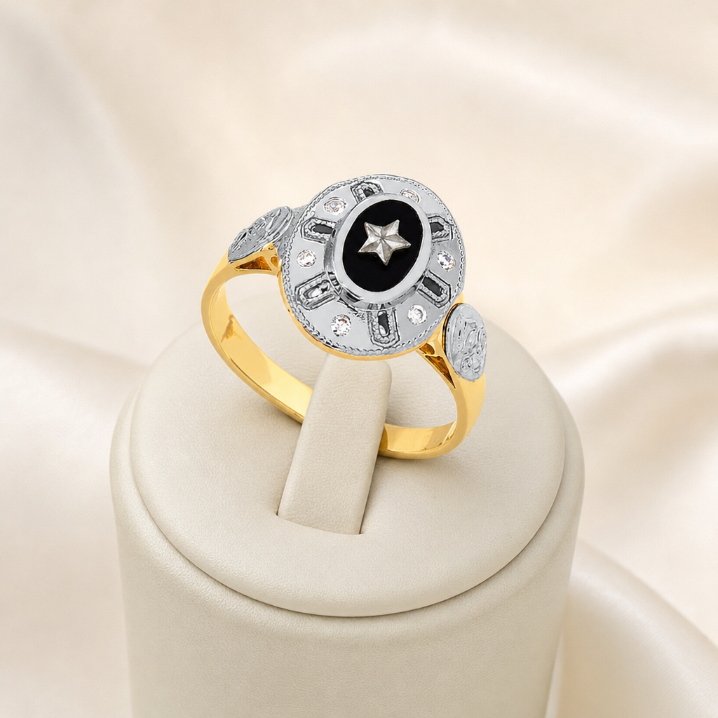 Anel de formatura — sinete oval pedra preta vintage -Ouro 18k