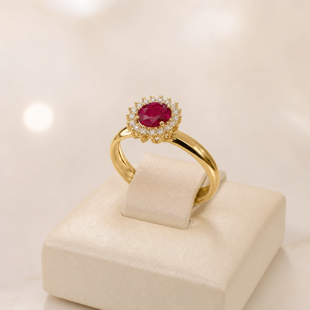 Anel halo rubi oval — ouro 18k
