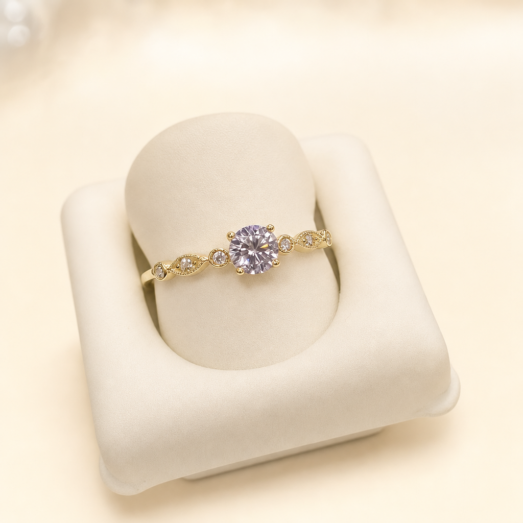 Anel de noivado com folhas laterais — ouro 18k