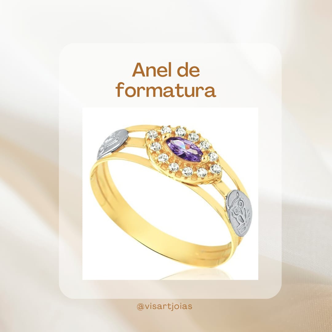 Anel de formatura ametista navete com 3 aros (Anf0149) - Ouro 10k