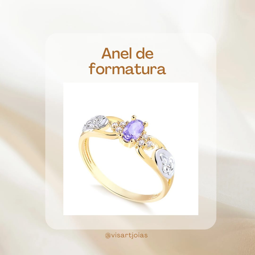 Anel de formatura ametista — aro aberto (Anf0015) - Ouro 10k