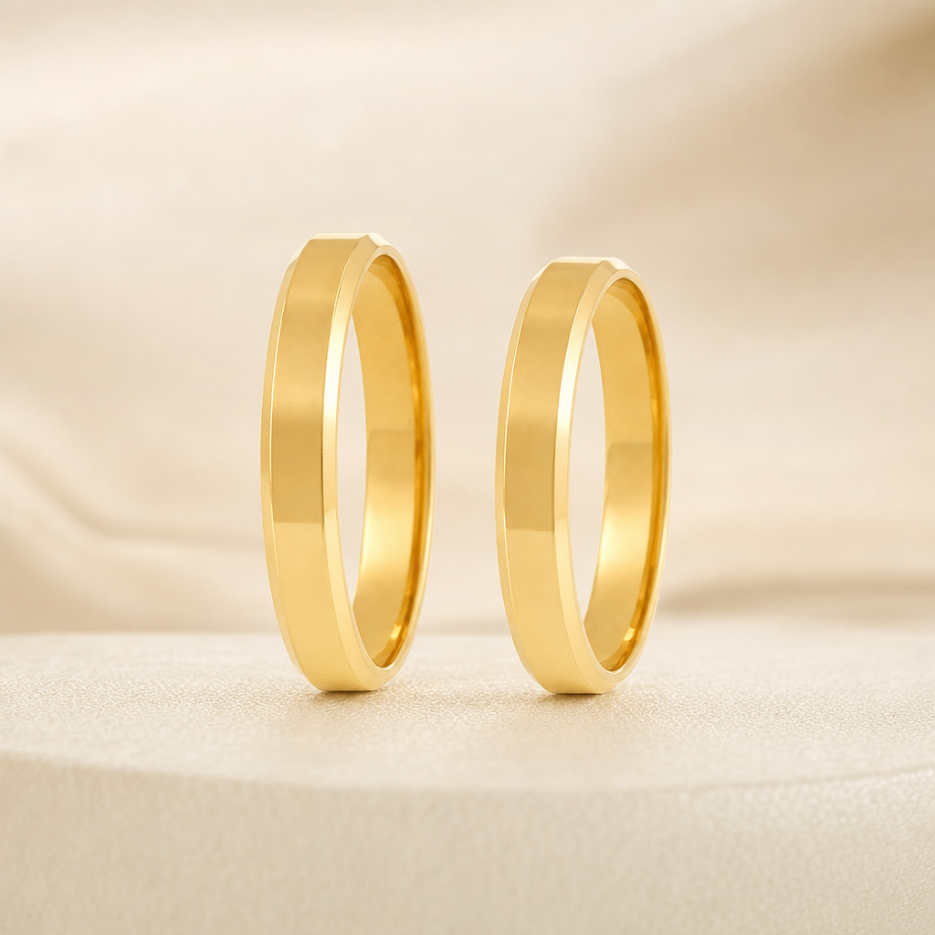 Par de alianças, plana com chanfrado, liso, 3mm - Ouro 18k