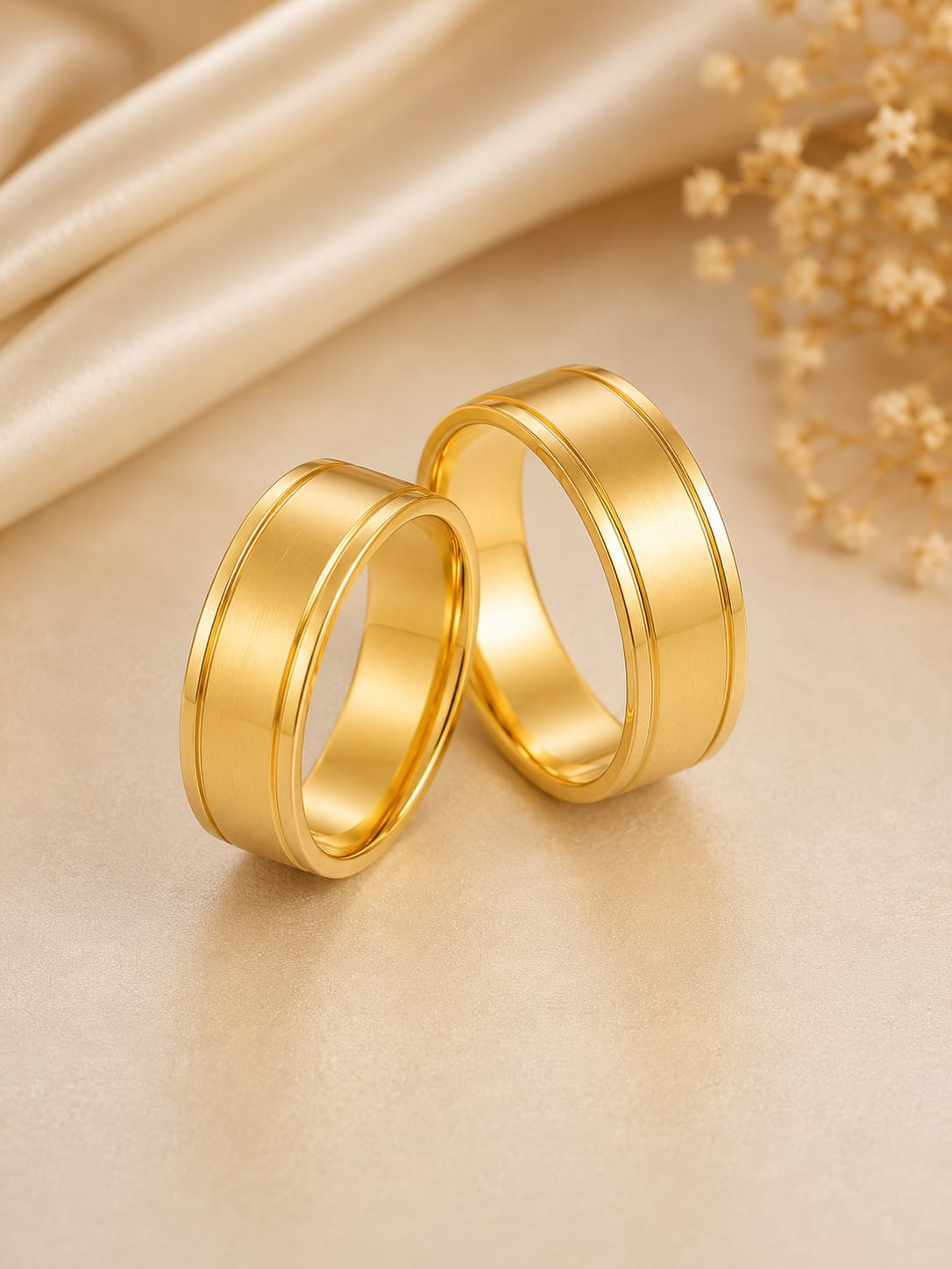 Par de alianças semi anatômica, com 2 frisos - Ouro 18k