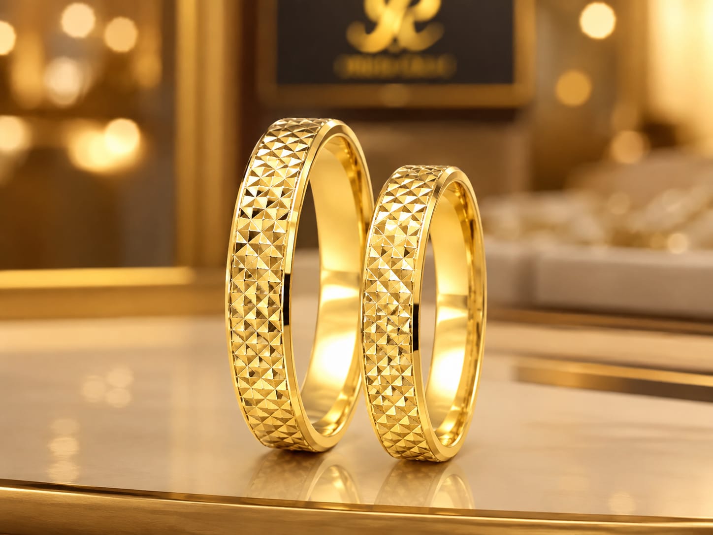 Par de alianças diamantadas em padrão losango, 4mm - Ouro 10k