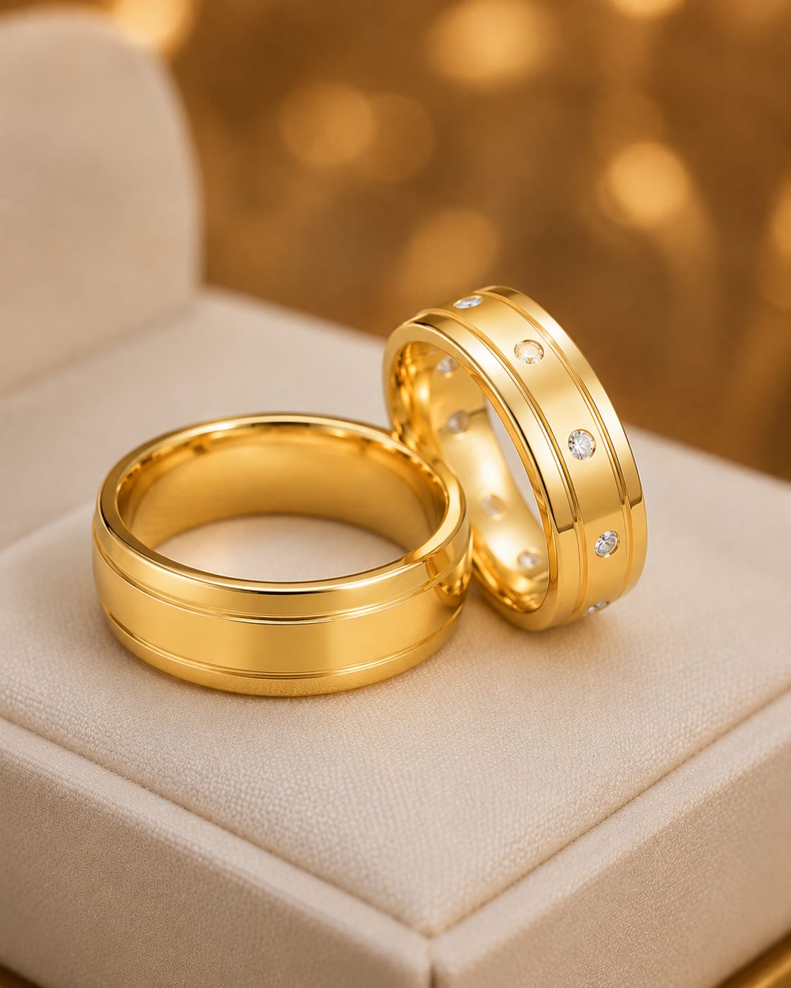 Par de alianças com frisos e zircônias, anatômica, 6mm - Ouro 18k