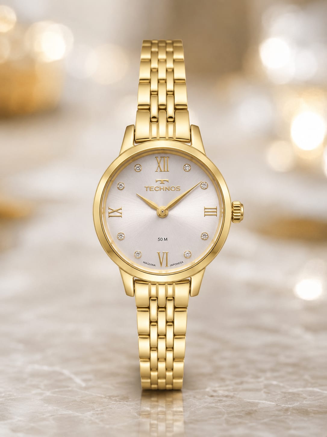 Relógio Technos feminino, dourado, pedras, Pulseira de metal, 5atm