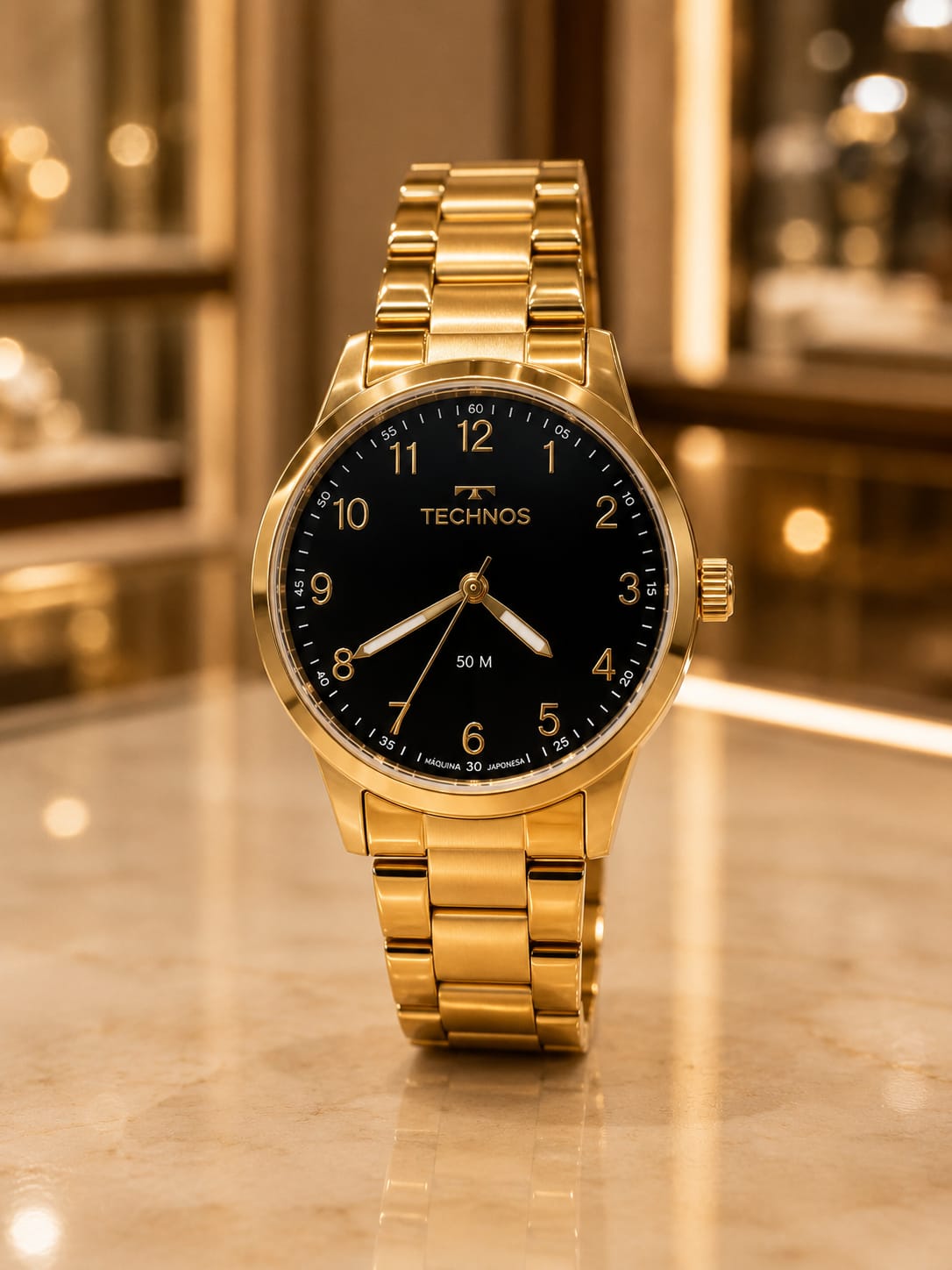 Relógio Technos feminino dourado com mostrador preto - 5atm