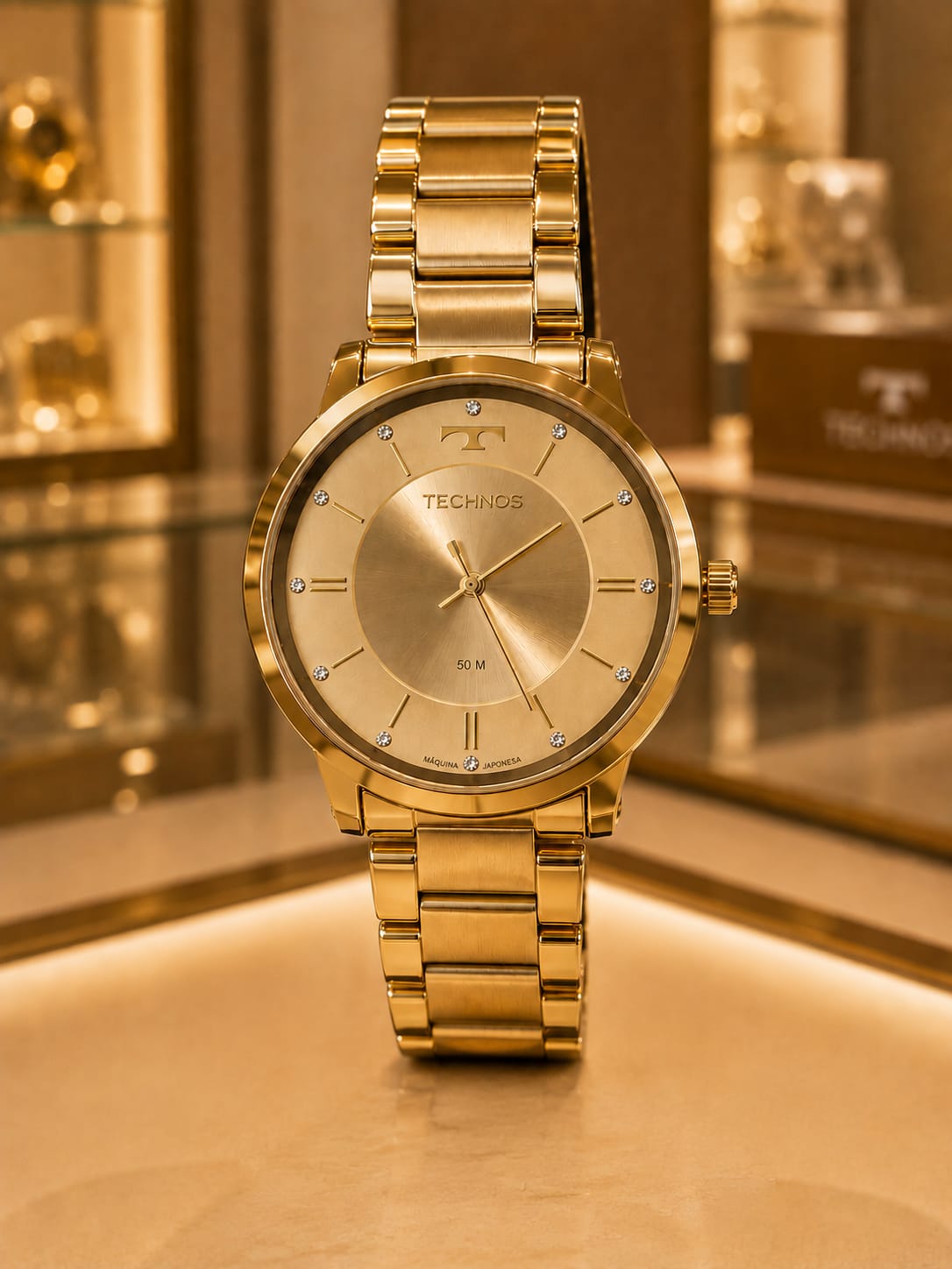 Relógio Technos feminino dourado com pedras internas, 5atm