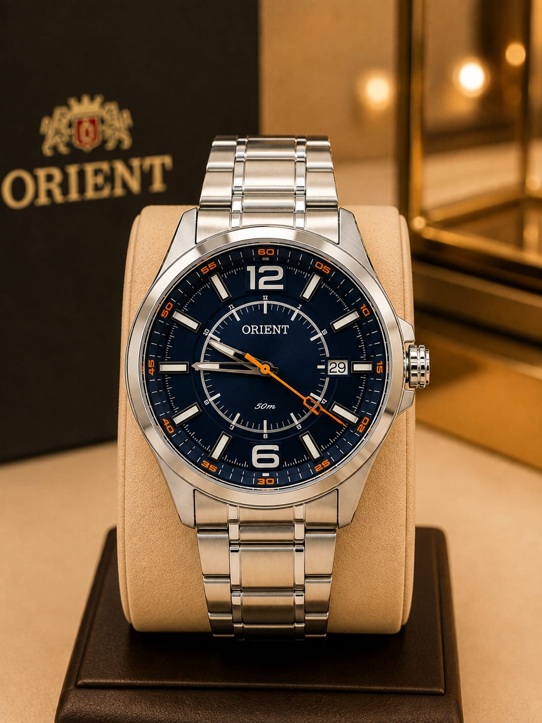 Relogio Orient com mostrador azul marinho, quartz, prateado - 50atm