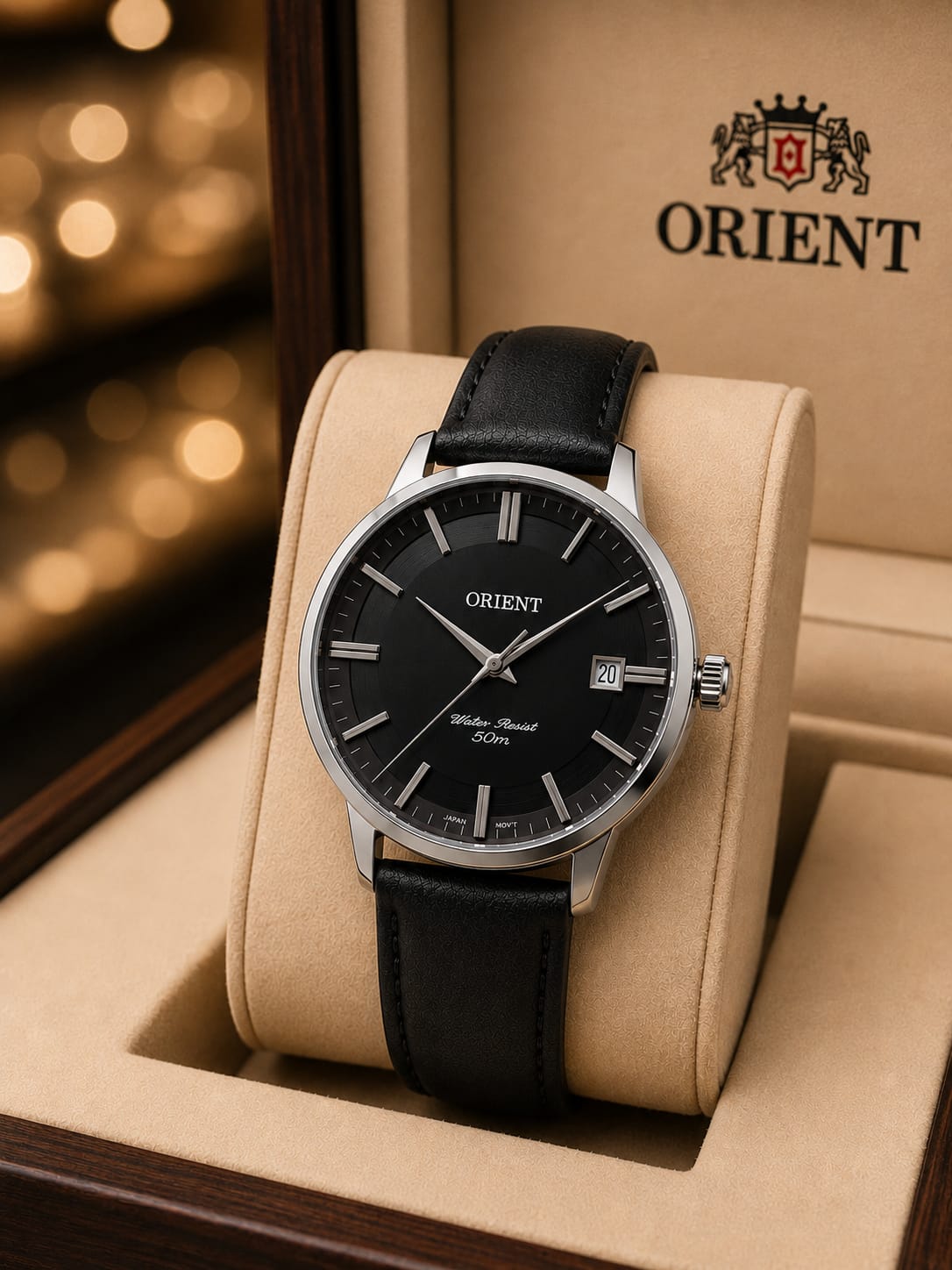 Relógio Orient quartzo com pulseira de couro preta, mostrador preto e caixa prateada - 5atm
