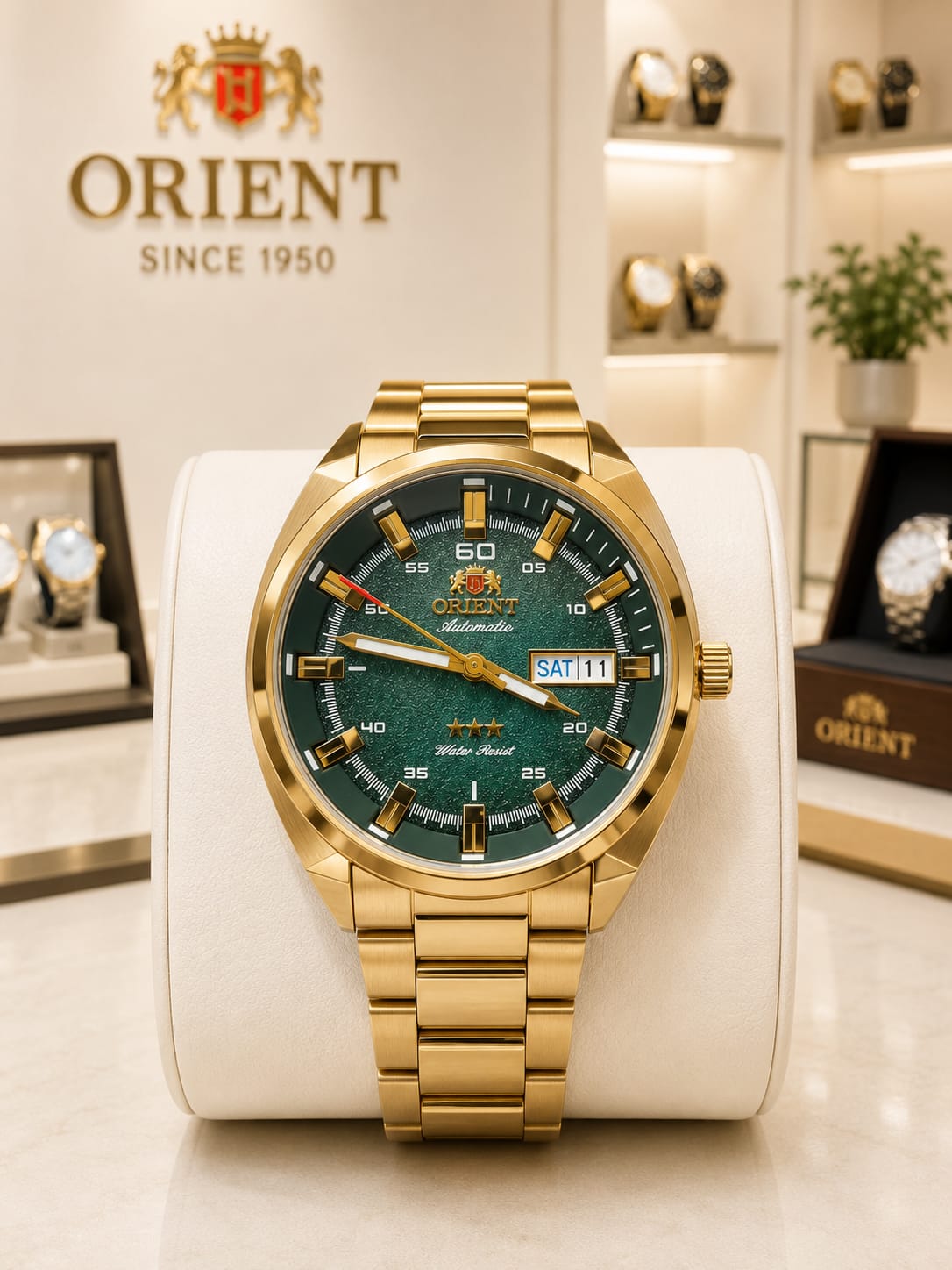 Relógio Orient automático dourado com mostrador verde degradê e calendário - 5atm