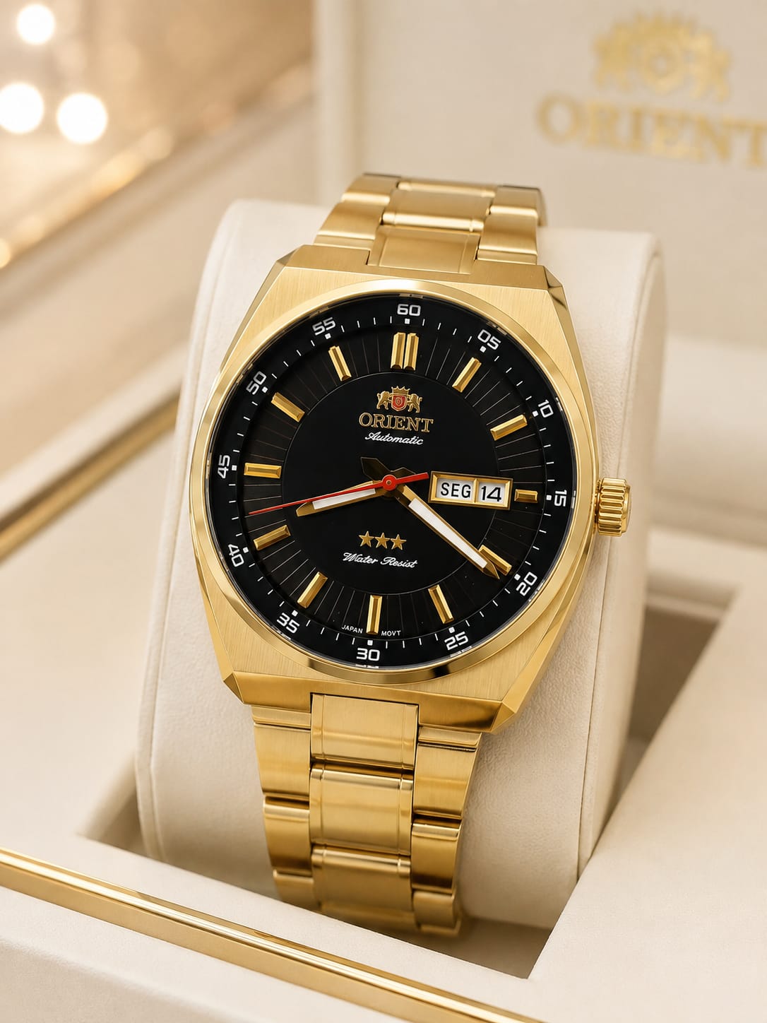Relógio Orient automático dourado com mostrador preto e calendário, 3 estrelas - 5atm