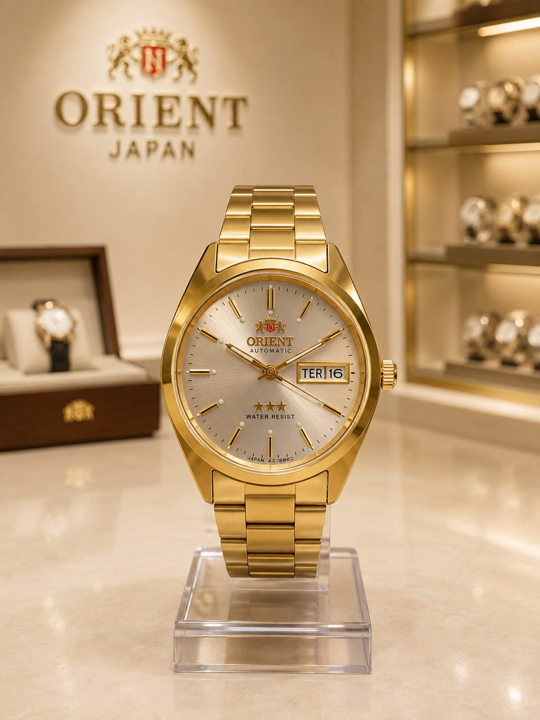 Relógio Orient automático dourado com mostrador prateado e calendário, 3 estrelas - Resistente à água