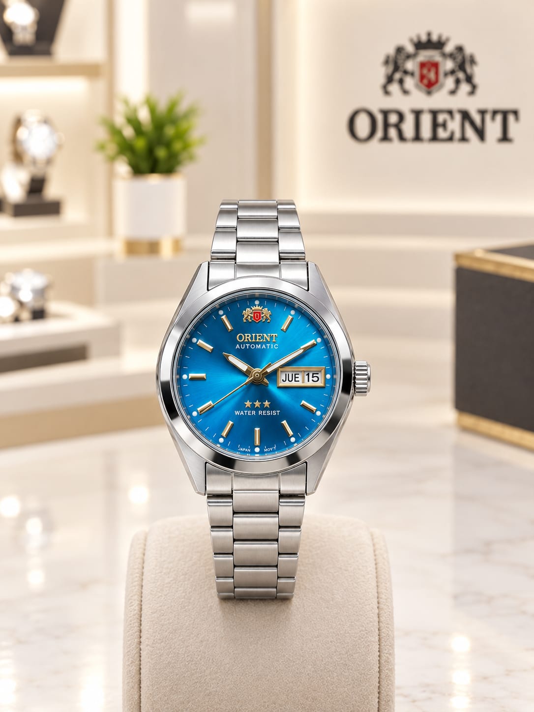 Relógio Orient automático feminino prateado com mostrador azul e calendário - Resistente à água