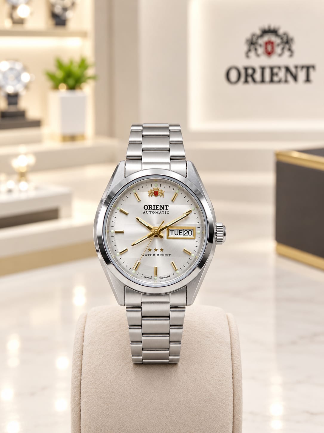Relógio Orient automático feminino prateado com mostrador branco e calendário - Resistente à água