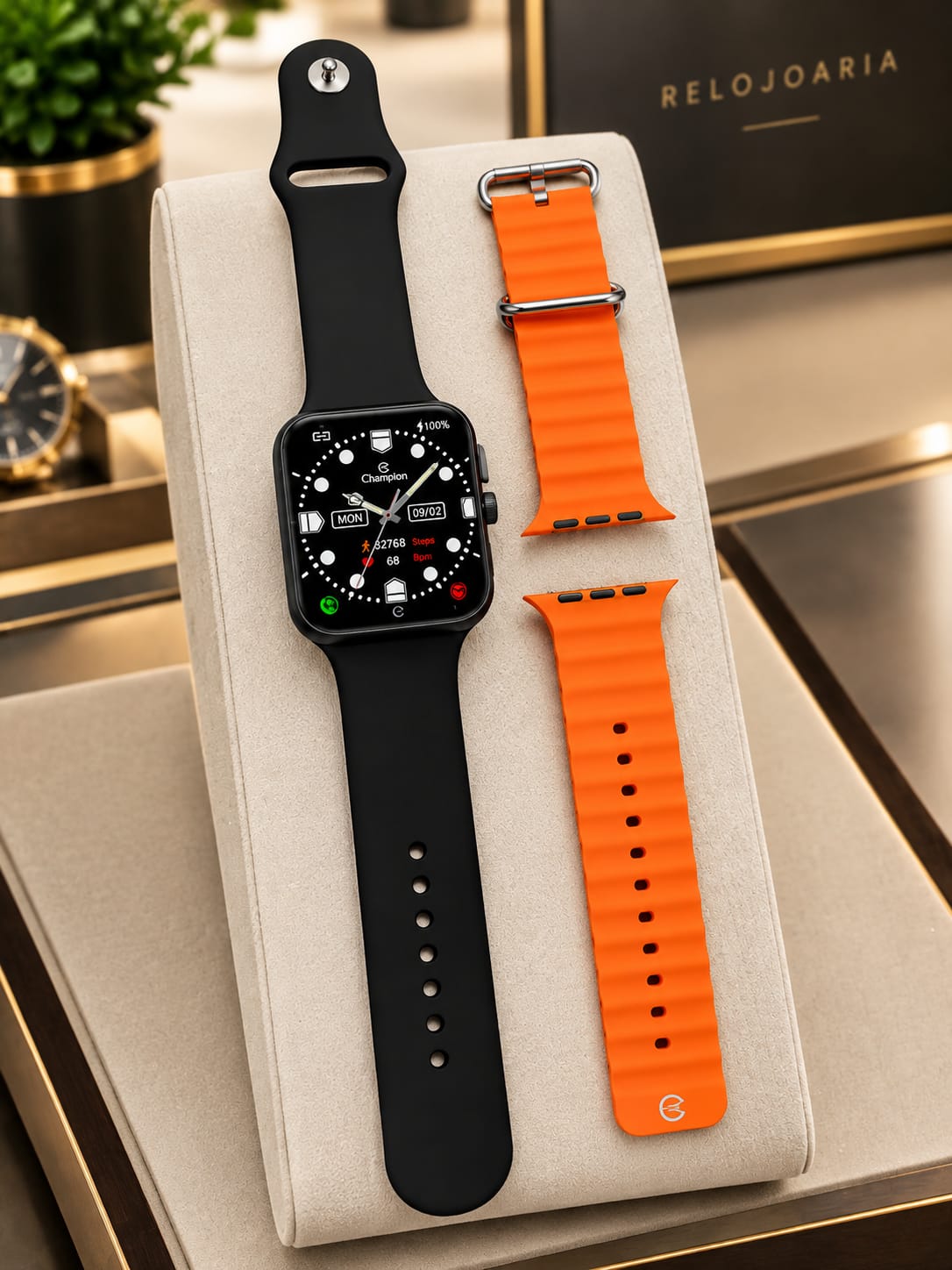 Relógio Champion Smartwatch preto com 2 pulseiras preta e laranja