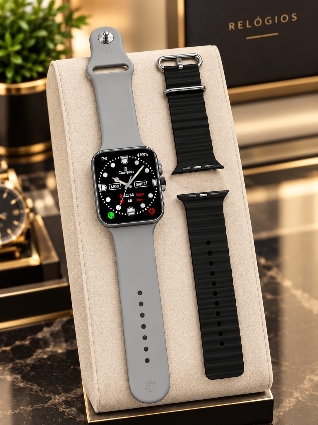 Relógio Champion Smartwatch cinza com 2 pulseiras cinza e preta