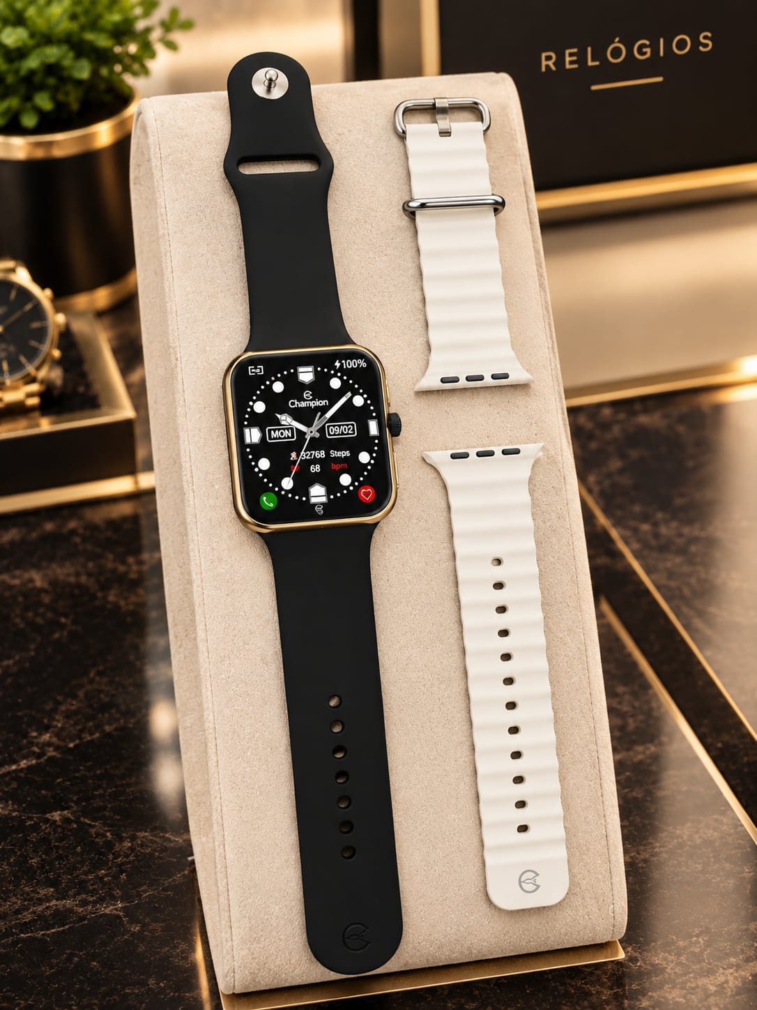 Relógio Champion Smartwatch dourado com 2 pulseiras preta e branco