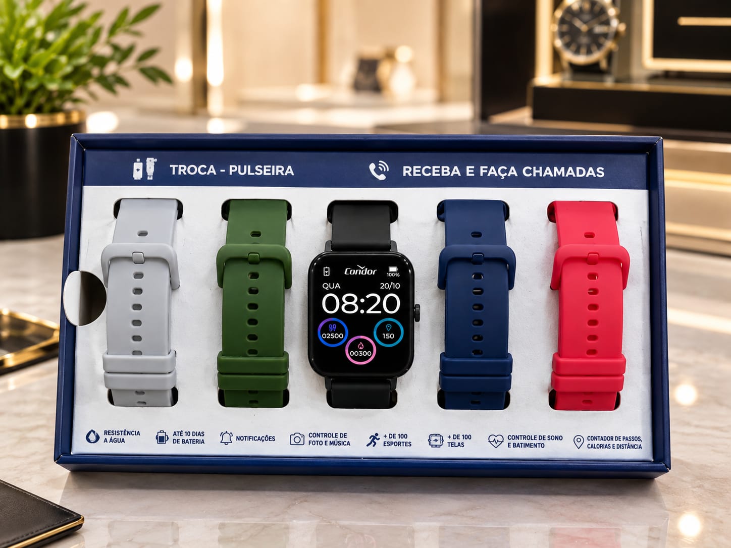 Relógio Condor Smartwatch preto com 5 pulseiras nas cores preta, cinza, verde, azul e vermelho