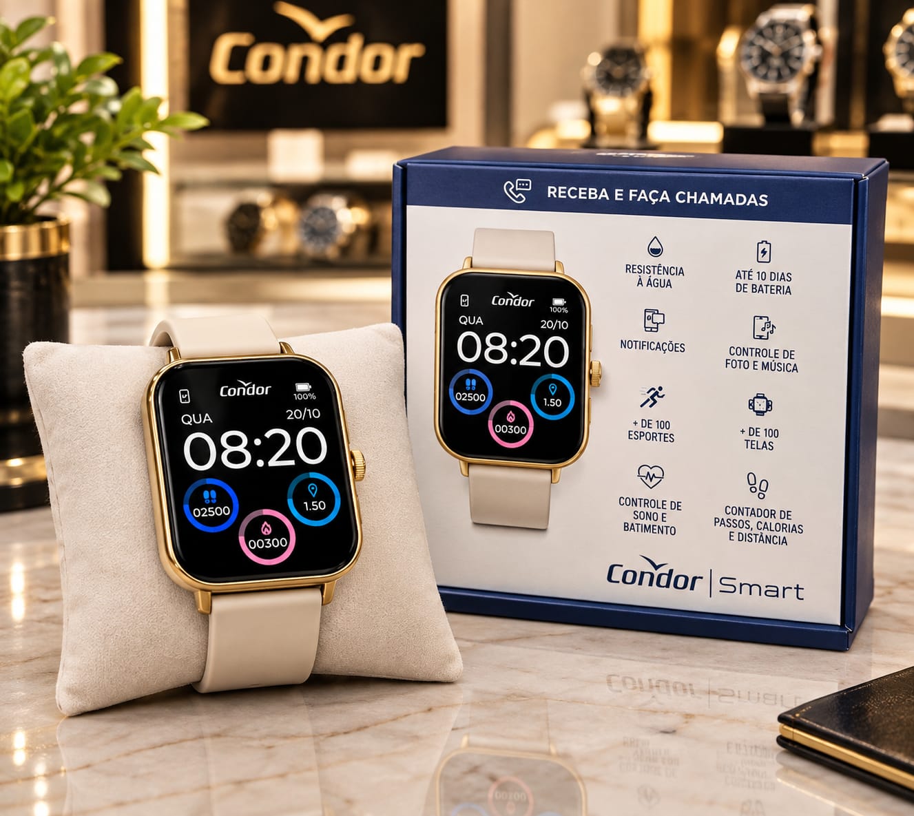 Relógio Condor Smartwatch caixa dourada e pulseira bege