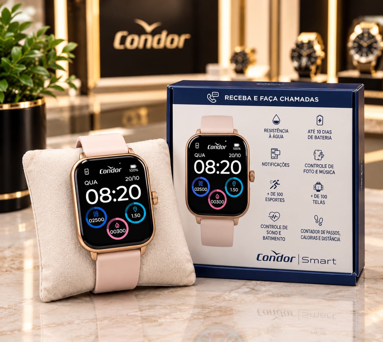 Relógio Condor Smartwatch caixa rose e pulseira rosa