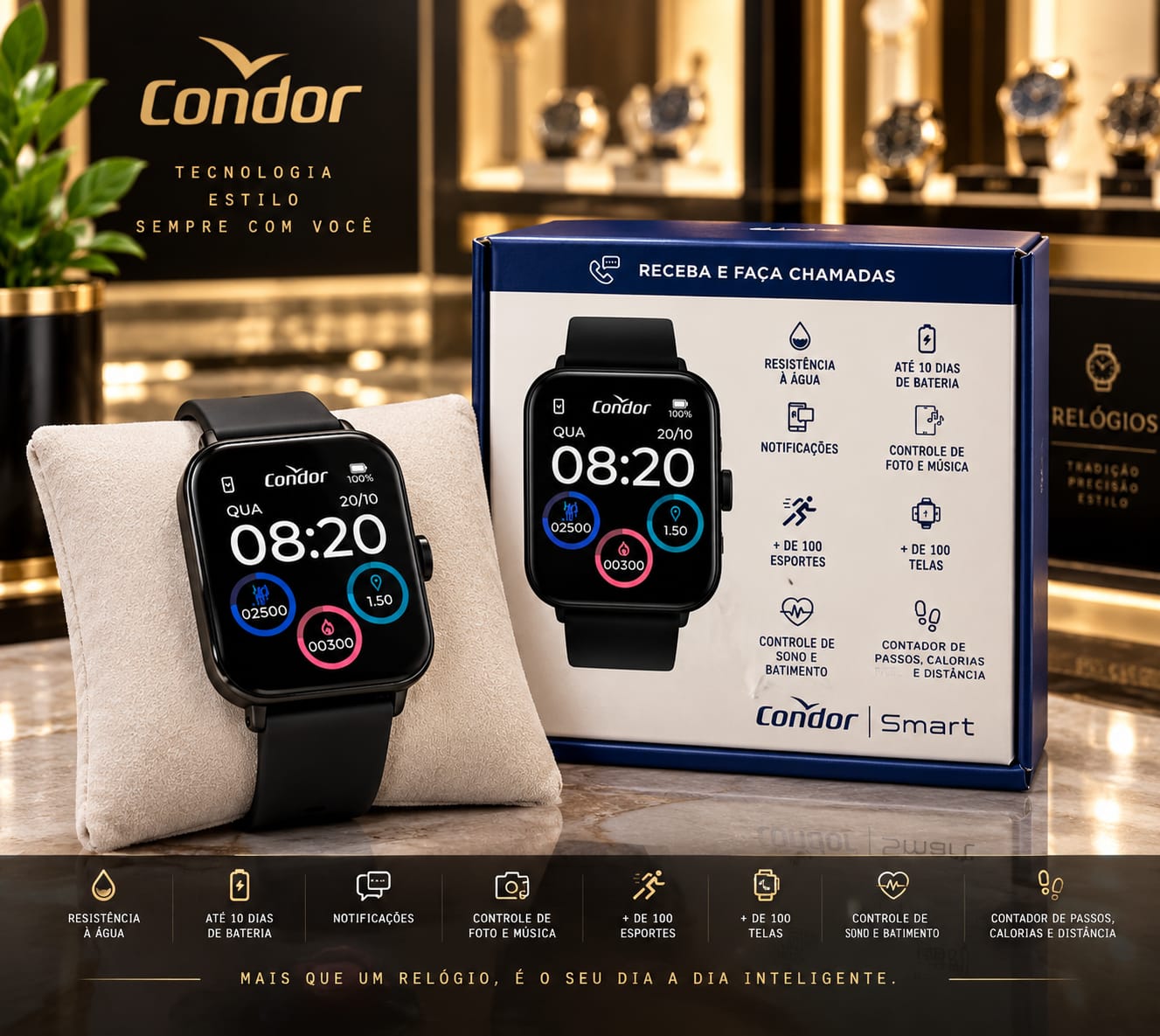 Relógio Condor Smartwatch caixa preto e pulseira preto